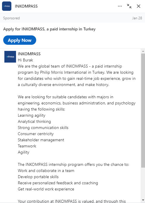 Linkedin Sponsorlu Mesajlaşma Reklamları Örneği