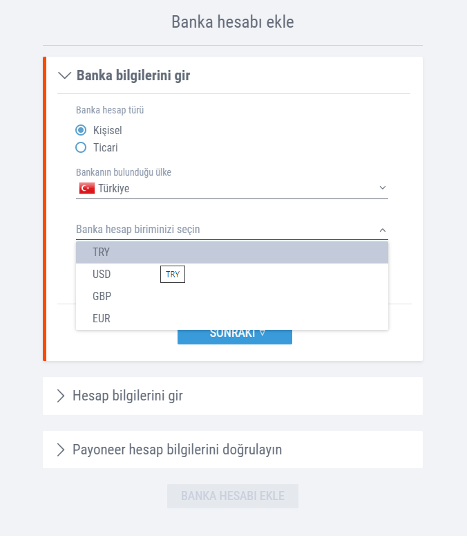 Payoneer Banka Hesabı Ekleme